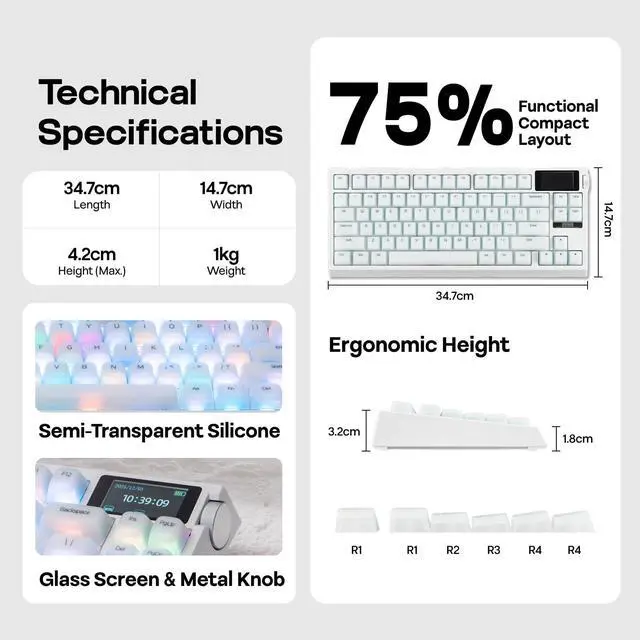 Alt view image 7 of 7 - G84 PRO Wireless Gaming Keyboard with Screen&Knob, 75% Creamy Mechanical Keyboard, 8000mAh, Hot Swappable, Silicone Keycaps, BT5.0/2.4G/USB-C Mode, NKRO, RGB (White, Creamy Jade Switch)