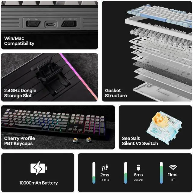 Alt view image 2 of 7 - TH108 Full Size Mechanical Keyboard, Wireless Gaming Keyboard with 8000mAh Battery, Creamy Gasket, 108 Keys, Hot Swap, Custom Driver, RGB Backlight (Black, Sea Salt Silent)