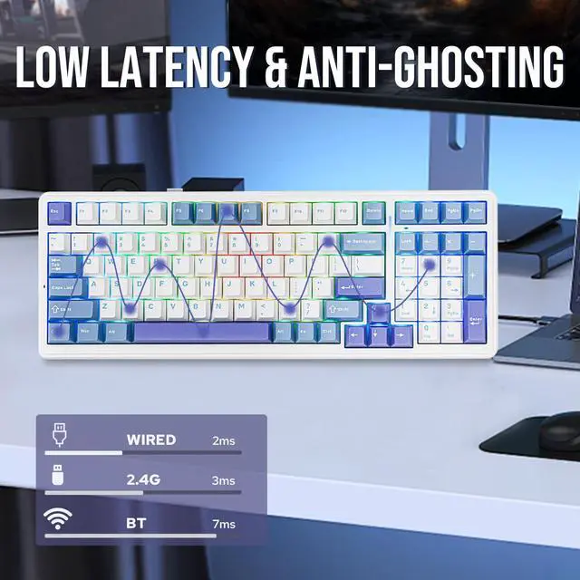 Alt view image 3 of 6 - x Aula F99 Wireless Mechanical Keyboard, Hot Swappable Gasket Custom Gaming Keyboard with Five-Layer Padding, BT/2.4GHz/USB-C, 8000mAh Battery (White Light Blue, Graywood V3 Switch)