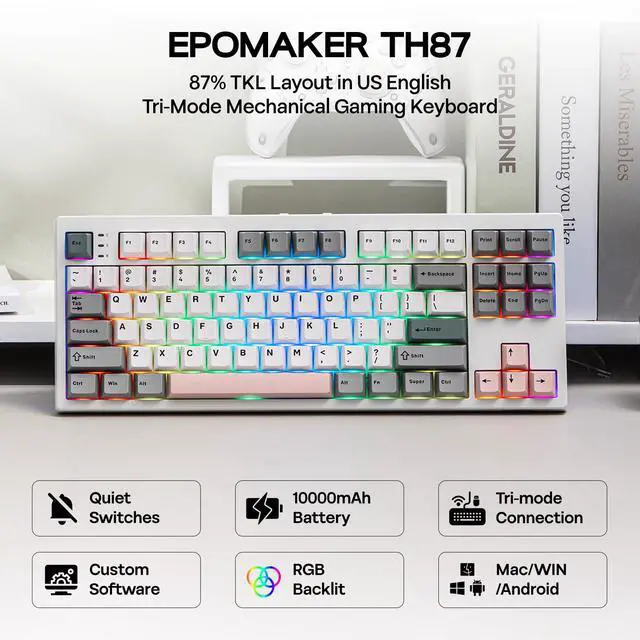 Alt view image 2 of 7 - TH87 Wireless Mechanical Keyboard with 10000mAh Battery, BT/2.4GHz/Wired, Hot Swappable Custom, PBT Keycap, RGB Backlit, Gasket, TKL Gaming Keyboard for PC/Mac (Sea Salt Silent)