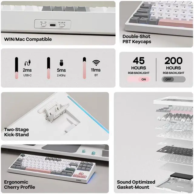 Alt view image 3 of 7 - TH87 Wireless Mechanical Keyboard with 10000mAh Battery, BT/2.4GHz/Wired, Hot Swappable Custom, PBT Keycap, RGB Backlit, Gasket, TKL Gaming Keyboard for PC/Mac (Sea Salt Silent)
