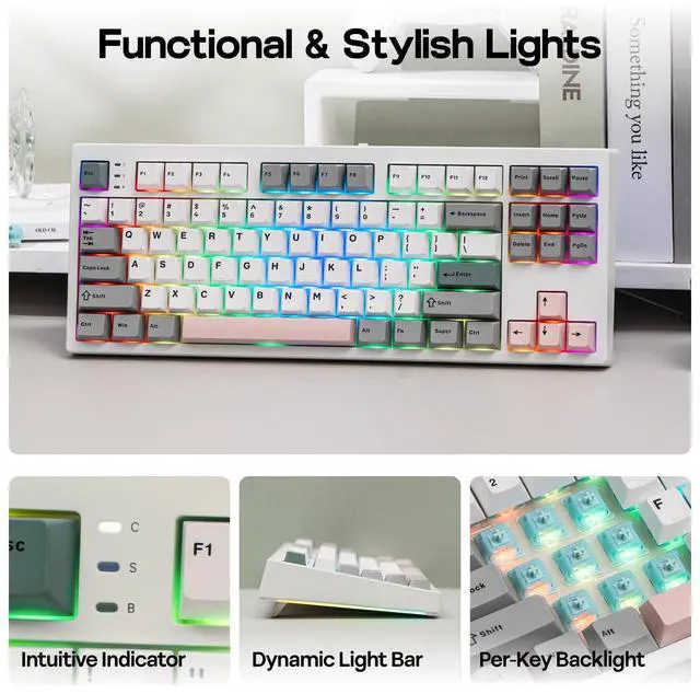 Alt view image 6 of 7 - TH87 Wireless Mechanical Keyboard with 10000mAh Battery, BT/2.4GHz/Wired, Hot Swappable Custom, PBT Keycap, RGB Backlit, Gasket, TKL Gaming Keyboard for PC/Mac (Sea Salt Silent)