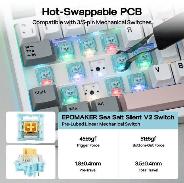 Alt view image 4 of 7 - TH87 Wireless Mechanical Keyboard with 10000mAh Battery, BT/2.4GHz/Wired, Hot Swappable Custom, PBT Keycap, RGB Backlit, Gasket, TKL Gaming Keyboard for PC/Mac (Sea Salt Silent)