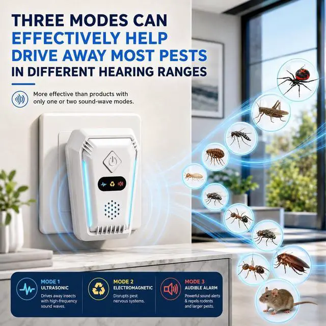 Alt view image 2 of 7 - (2026 Upgraded) Ultrasonic Rodent & Pest Indoor Repeller - Stronger Driving Force, Repellent for Mouse, Mice, Rats, Roaches, Ants, Spiders, Bugs, Plug-in Device, 3 Mode Switching (6 Pack)