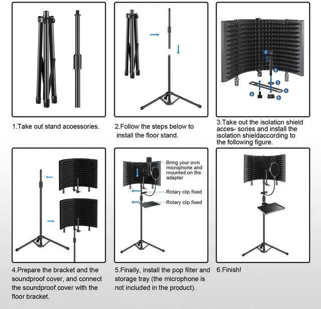Alt view image 4 of 7 - Professional Studio Recording Microphone Isolation Shield, Pop Filter,High density absorbent foamSuitable for Blue Yeti and other condenser microphones (AO-504 With Stand)