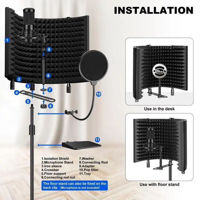 Alt view image 6 of 7 - Professional Studio Recording Microphone Isolation Shield, Pop Filter,High density absorbent foamSuitable for Blue Yeti and other condenser microphones (AO-504 With Stand)