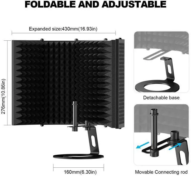 Alt view image 3 of 7 - Microphone Isolation Shield, Foldable Mic Shield with Triple Sound Insulation, Reflection Filter with 3/8" and 5/8" Mic Threaded Mount for Recording Studio, Podcasts, Singing, and Broadcasting