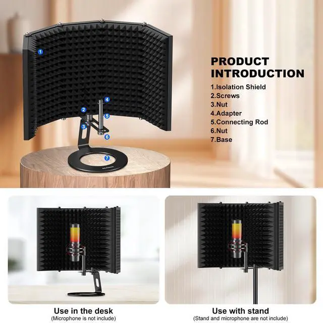 Alt view image 4 of 7 - Microphone Isolation Shield, Foldable Mic Shield with Triple Sound Insulation, Reflection Filter with 3/8" and 5/8" Mic Threaded Mount for Recording Studio, Podcasts, Singing, and Broadcasting