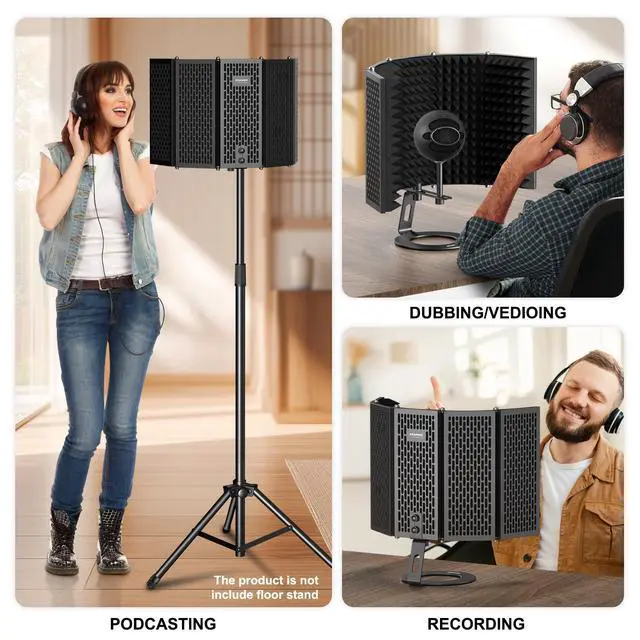 Alt view image 5 of 7 - Microphone Isolation Shield, Foldable Mic Shield with Triple Sound Insulation, Reflection Filter with 3/8" and 5/8" Mic Threaded Mount for Recording Studio, Podcasts, Singing, and Broadcasting