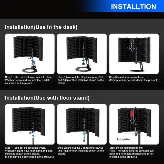 Alt view image 6 of 7 - Microphone Isolation Shield, Foldable Mic Shield with Triple Sound Insulation, Reflection Filter with 3/8" and 5/8" Mic Threaded Mount for Recording Studio, Podcasts, Singing, and Broadcasting
