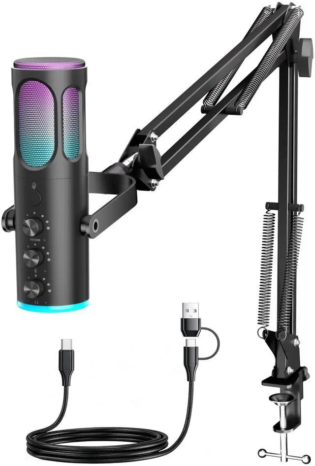 Main image of Gaming Microphone for PC, USB Condenser Mic for PS4/5 and Mac, Noise Cancellation Computer Mic with Mute, Reverb, Adjustable Boom Arm, Pop Filter for Streaming/Podcasting/Recording/YouTube