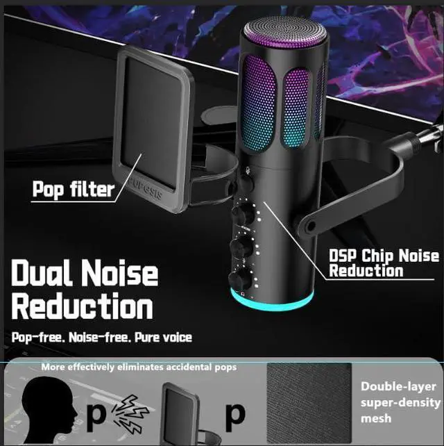 Alt view image 4 of 7 - Gaming Microphone for PC, USB Condenser Mic for PS4/5 and Mac, Noise Cancellation Computer Mic with Mute, Reverb, Adjustable Boom Arm, Pop Filter for Streaming/Podcasting/Recording/YouTube