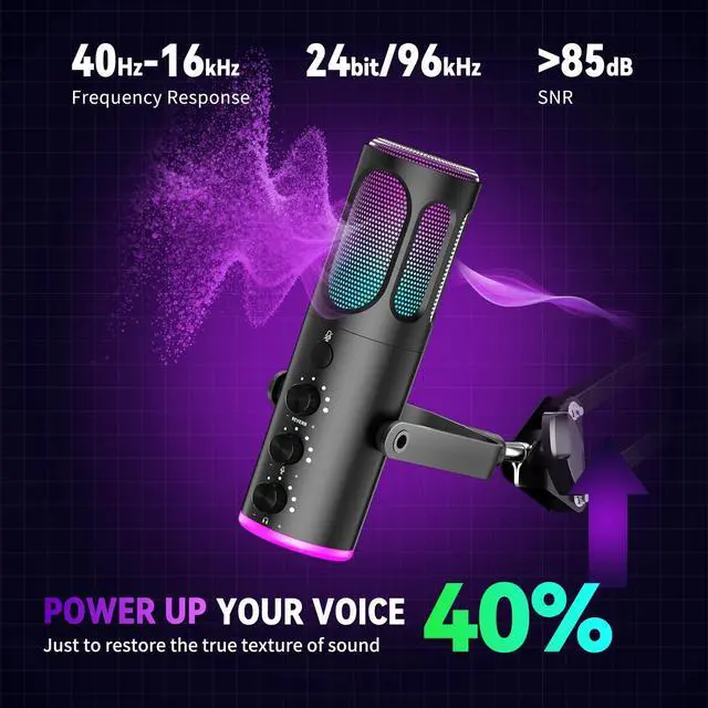 Alt view image 2 of 7 - Gaming Microphone for PC, USB Condenser Mic for PS4/5 and Mac, Noise Cancellation Computer Mic with Mute, Reverb, Adjustable Boom Arm, Pop Filter for Streaming/Podcasting/Recording/YouTube