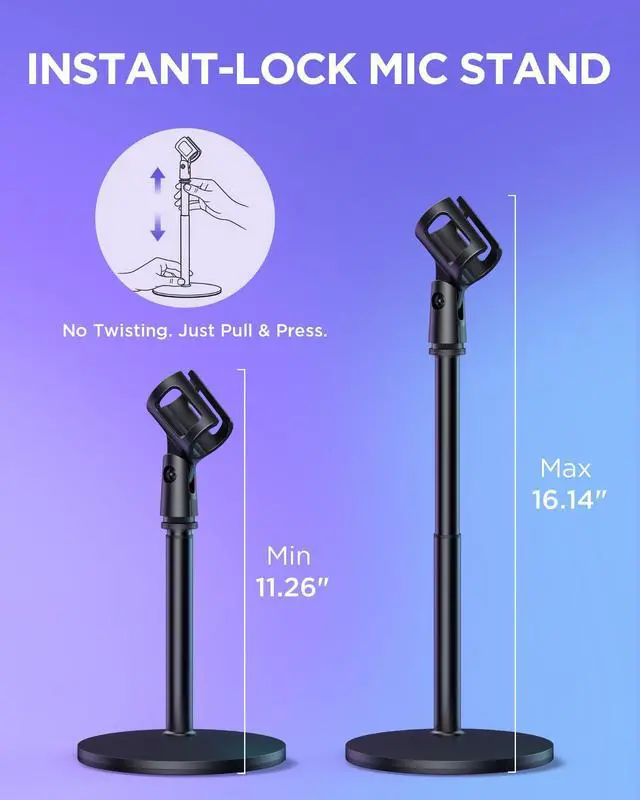 Alt view image 2 of 6 - Desktop Microphone Stand, Telescopic Table Mic Stand for Desk Adjustable with Mic Clip 5/8" to 3/8" Screw for Blue Yeti HyperX QuadCast SoloCast Snowball Fifine Shure SM7B and Other Mic
