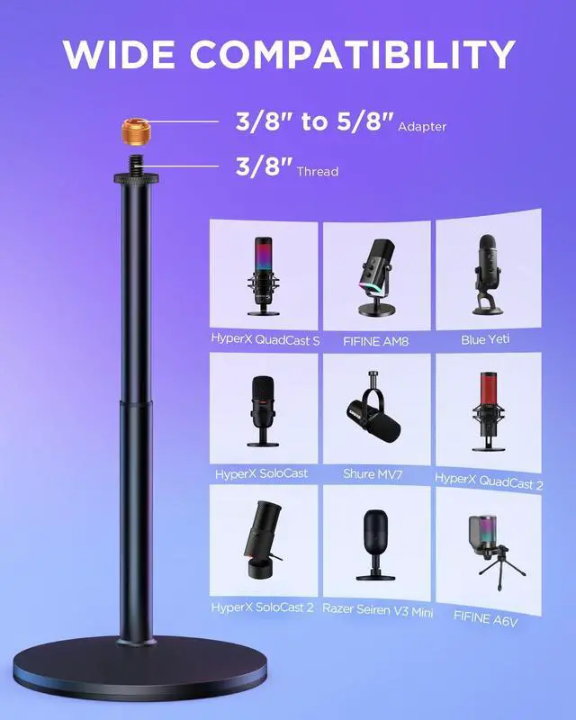 Alt view image 4 of 6 - Desktop Microphone Stand, Telescopic Table Mic Stand for Desk Adjustable with Mic Clip 5/8" to 3/8" Screw for Blue Yeti HyperX QuadCast SoloCast Snowball Fifine Shure SM7B and Other Mic