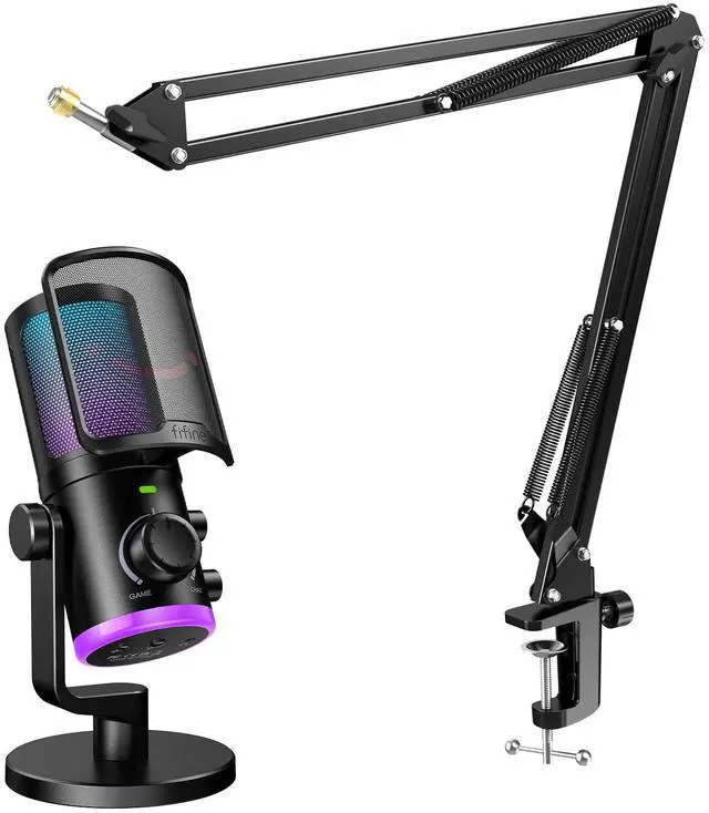 Main image of Fifine Gaming Computer Microphone with Boom Arm Set,Streaming USB Desktop Mic with RGB,Mute Button Kit,Metal Microphone Stand with Heavy Duty Clamp,3/8" to 5/8" Adapter for Recording,Studio-AM6+CS1