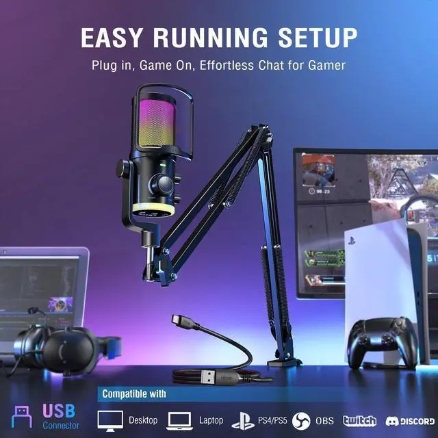 Alt view image 4 of 7 - Fifine Gaming Computer Microphone with Boom Arm Set,Streaming USB Desktop Mic with RGB,Mute Button Kit,Metal Microphone Stand with Heavy Duty Clamp,3/8" to 5/8" Adapter for Recording,Studio-AM6+CS1