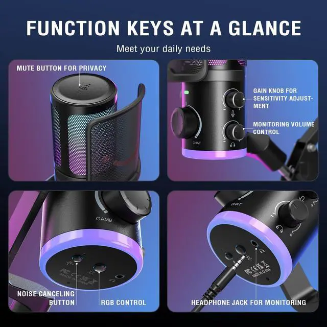 Alt view image 7 of 7 - Fifine Gaming Computer Microphone with Boom Arm Set,Streaming USB Desktop Mic with RGB,Mute Button Kit,Metal Microphone Stand with Heavy Duty Clamp,3/8" to 5/8" Adapter for Recording,Studio-AM6+CS1