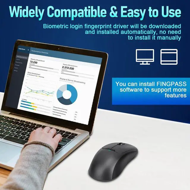 Alt view image 7 of 7 - 2-in-1 Fingerprint Sensor & Wireless Mouse, Fingerprint Sensor for Windows 7, 8, 10, 11 Hello Supports up to 20 IDs, 2.4 GHz with USB Unifying Receiver Bluetooth 5.0 Mouse (Gray)