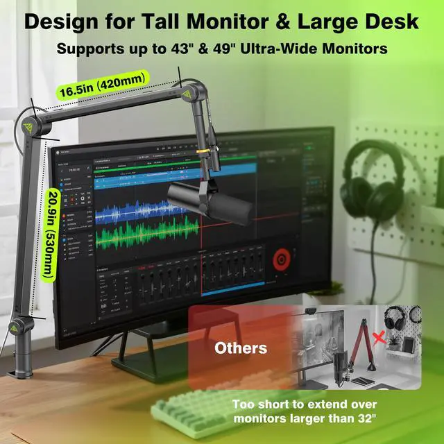 Alt view image 4 of 7 - Design for Shure SM7B SM7dB MV7 Never-Sag Mic Boom Arm, Extra-Long 950mm Reach, 6.6lbs Load Capacity, Gear-Lock Suspension Microphone Stand Desk Mount for Blue Yeti Rode Heavy Mics