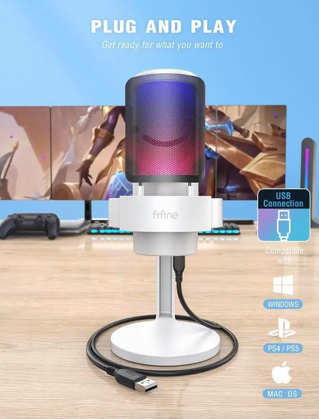 Alt view image 6 of 7 - Gaming USB Mic and Arm Stand, PC Computer RGB Microphone for Live Streaming, Meeting, Podcasting, Video, with Monitoring Headphone Jack, Light Control, for MAC OS/Windows (A8W+BM63)