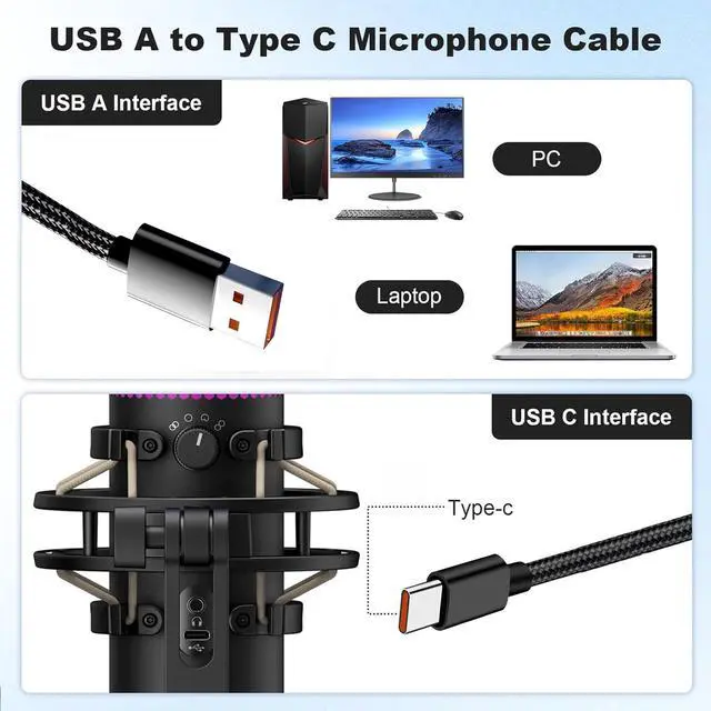 Alt view image 7 of 7 - Podcast Microphone Charger Cable for Zealsound K66 Series/KM8/KD9S, Fifine A6/K688, HyperX QuadCast, Logitech Yeti GX, Razer Seiren V3, BOYA Mini | USB-C Fast Charging 3.3 FT Braided Cord