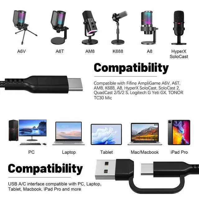 Alt view image 2 of 7 - USB A/C to USB Type C Microphone Cable Cord Compatible with Fifine AmpliGame A6V, A6T, AM8, K688, A8, HyperX SoloCast, SoloCast 2, QuadCast 2/S/2 S, Logitech G Yeti GX, TONOR TC30 Mic (10FT)