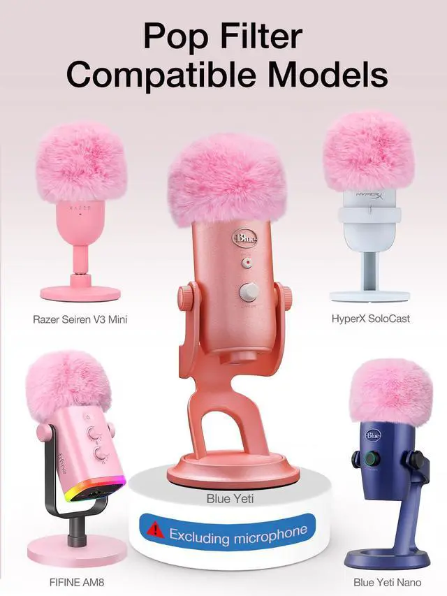 Alt view image 5 of 7 - Blue Yeti Microphone Pop Filter, Mic Cover Furry Foam for Blue Yeti, Fifine AM8, HyperX SoloCast, Razer Seiren V3 Mini Microphones and Most Mic (Pink)