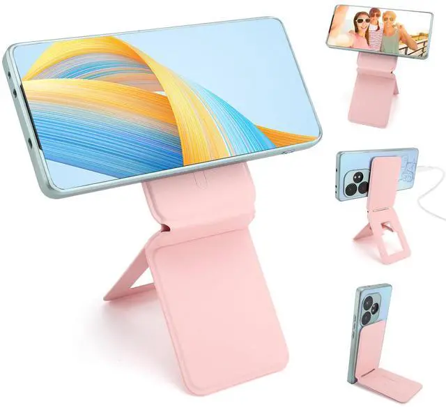 Main image of Phone Stand, Foldable Magnetic Phone Tripod, Angle Adjustment & Strong Magnets PU Leather Phone Stand, Compatible with All Smart Phone 16/15/14/13/12(Pink)