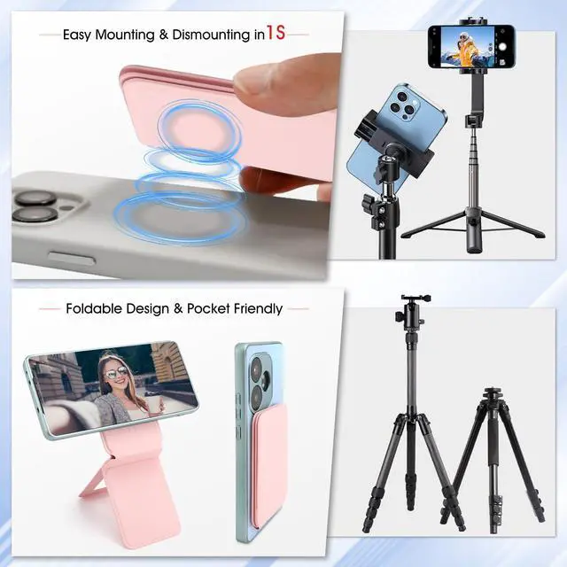 Alt view image 4 of 7 - Phone Stand, Foldable Magnetic Phone Tripod, Angle Adjustment & Strong Magnets PU Leather Phone Stand, Compatible with All Smart Phone 16/15/14/13/12(Pink)