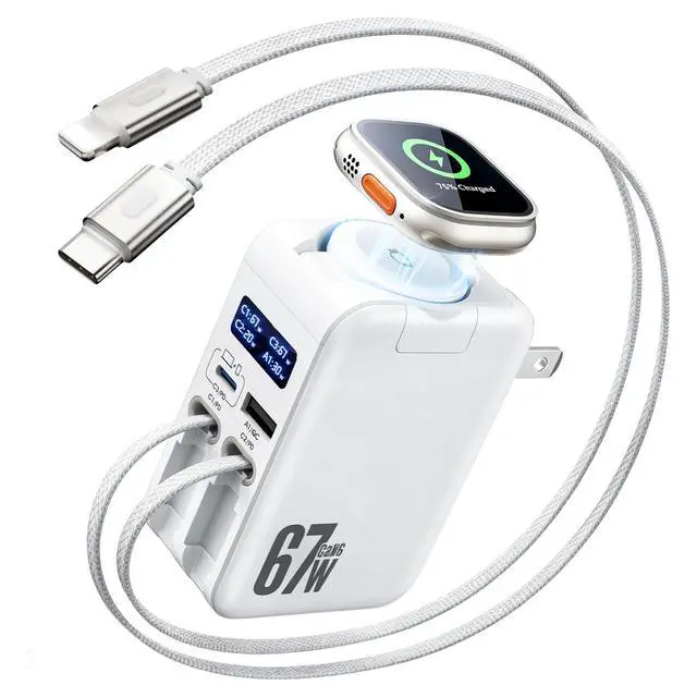 Main image of 5-in-1 Retractable Wall Charger for Apple Watch, 67W USB C Smart Display Fast Charging GaN with 2 Cables & 2 Ports, Foldable Travel Multiport Charger for iPhone 17/16/15, MacBook, iWatch,iPad