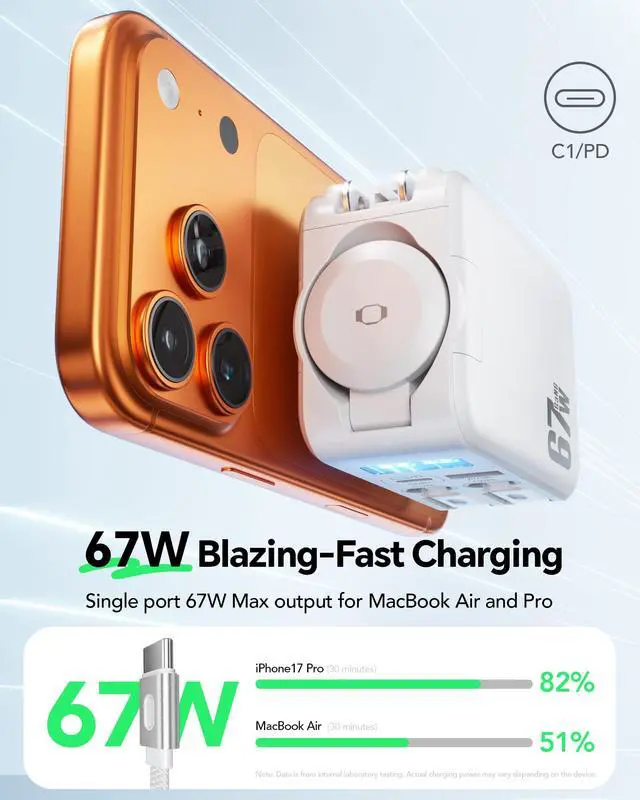 Alt view image 3 of 7 - 5-in-1 Retractable Wall Charger for Apple Watch, 67W USB C Smart Display Fast Charging GaN with 2 Cables & 2 Ports, Foldable Travel Multiport Charger for iPhone 17/16/15, MacBook, iWatch,iPad