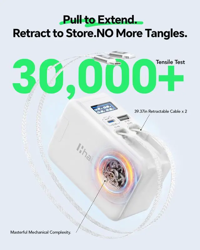Alt view image 4 of 7 - 5-in-1 Retractable Wall Charger for Apple Watch, 67W USB C Smart Display Fast Charging GaN with 2 Cables & 2 Ports, Foldable Travel Multiport Charger for iPhone 17/16/15, MacBook, iWatch,iPad