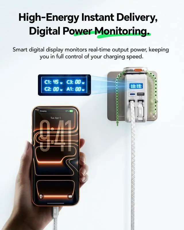 Alt view image 6 of 7 - 5-in-1 Retractable Wall Charger for Apple Watch, 67W USB C Smart Display Fast Charging GaN with 2 Cables & 2 Ports, Foldable Travel Multiport Charger for iPhone 17/16/15, MacBook, iWatch,iPad