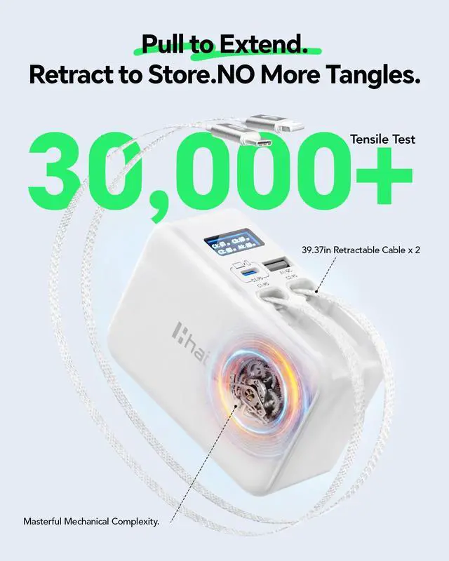 Alt view image 2 of 7 - 67W Retractable USB C Wall Charger with Smart Power Display, 4-in-1 Built-in USB-C Cable & Cable for iPhone, Extra USB-C & USB-A Ports, Foldable Travel Charger for MacBook, iPhone, Samsung
