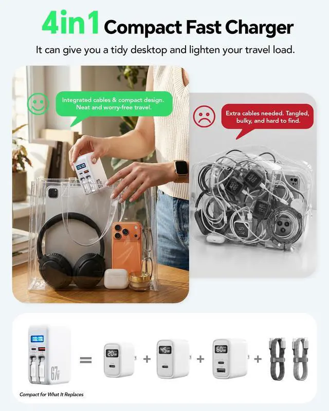 Alt view image 3 of 7 - 67W Retractable USB C Wall Charger with Smart Power Display, 4-in-1 Built-in USB-C Cable & Cable for iPhone, Extra USB-C & USB-A Ports, Foldable Travel Charger for MacBook, iPhone, Samsung