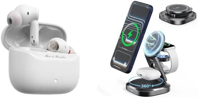 Main image of Wireless Earbuds + Foldable 3-in-1 Charger Bundle, Travel Essentials Kit for iPhone, Magnetic Charging Station for Apple Watch & AirPods