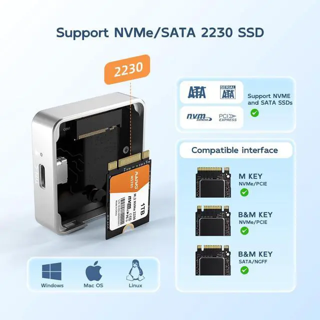 Alt view image 2 of 6 - 2230 M.2 NVMe SATA Enclosure USB3.2 Gen2 10Gbps Tool Free Aluminium Shell, Compatible with PCIe NVMe M-Key & SATA B+M Key M.2 2230 SSD, Support iPhone 15/16 Pro Max ProRes