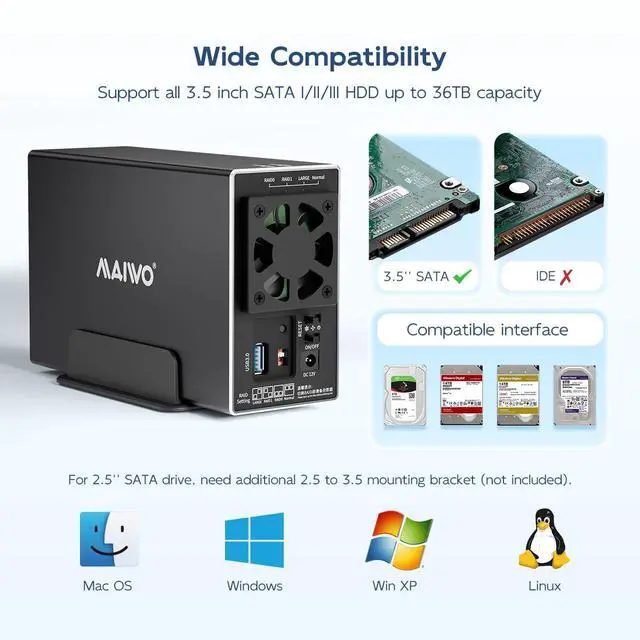 Alt view image 3 of 6 - Dual Bay Hard Drive RAID Enclosure with Cooling Fan for 2.5/3.5 inch SATA SSD/HDD, 5Gbps USB 3.0 HDD Enclosure, 48TB Capacity, RAID 0/1/JBOD/PM, Aluminum Case