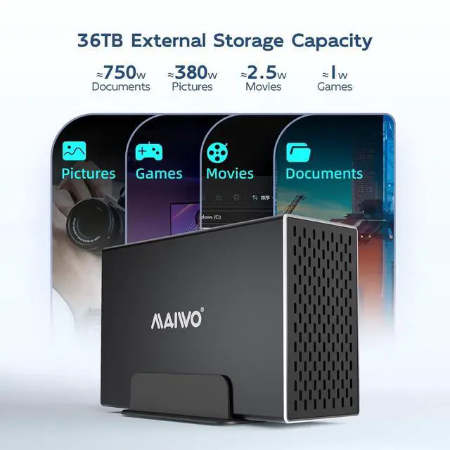Alt view image 4 of 6 - Dual Bay Hard Drive RAID Enclosure with Cooling Fan for 2.5/3.5 inch SATA SSD/HDD, 5Gbps USB 3.0 HDD Enclosure, 48TB Capacity, RAID 0/1/JBOD/PM, Aluminum Case
