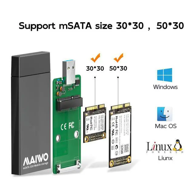 Alt view image 7 of 7 - mSATA to USB 3.0 Adapter, mSATA SSD Enclosure Reader, 30x30 30x50 Mini SATA Hard Drive Case, 2TB Capacity, Aluminum, No Cable Required