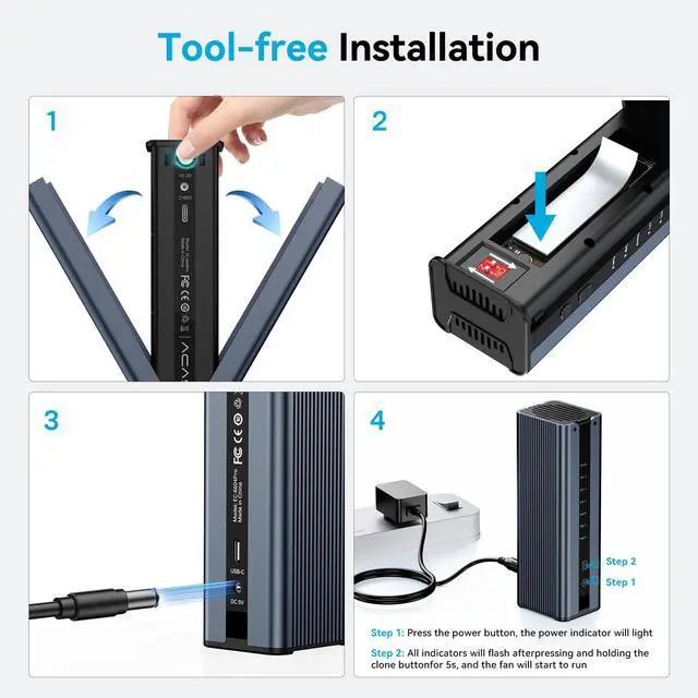 Alt view image 5 of 7 - M.2 NVMe SSD Cloner, Dual-Bay Offline Duplicator with Cooling Fan, USB C to M.2 Cloner, Pcle Size 2230/2242/2260/2280 Compatible (Grey)