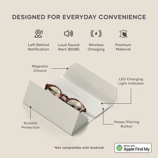 Alt view image 3 of 7 - FindAll Smart Glasses Case with Find My, Foldable & Portable, Wireless Rechargeable, Left-Behind Alerts, Loud Audible Chime, Compatible with Most Glasses & XR/AR Glasses Sand