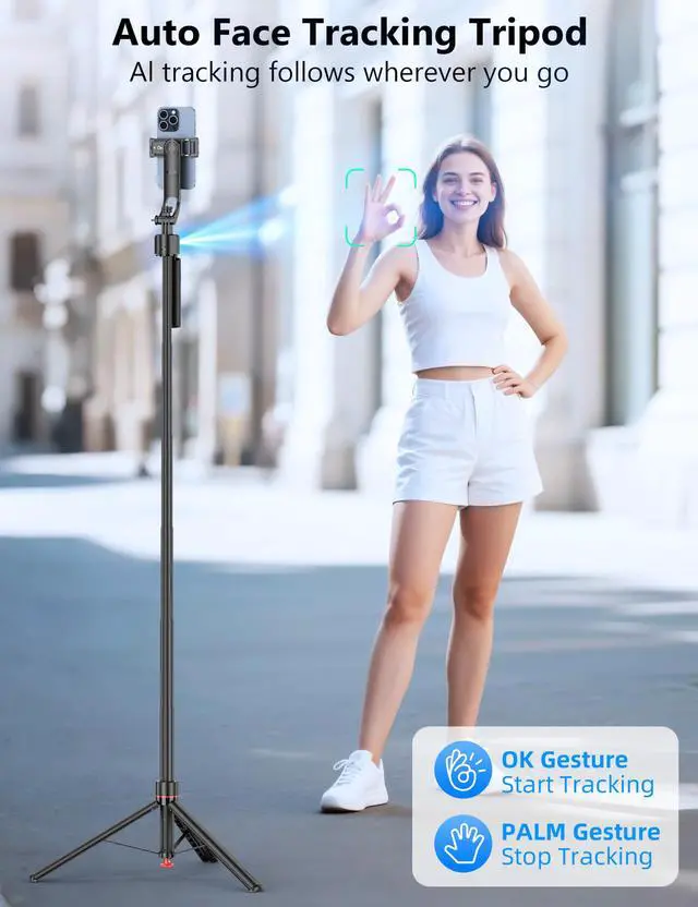 Alt view image 3 of 7 - 69'' Auto Face Tracking Selfie Stick Tripod Stand, Automatic Phone Tripod, Auto-Open Travel Tripods for iPhone/Cell Phone with Remote, Gesture Control, No App, Built-in AI Camera for Vlog Recording TK