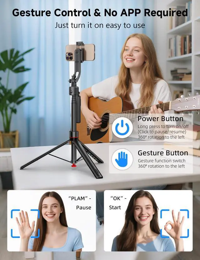 Alt view image 5 of 7 - 69'' Auto Face Tracking Selfie Stick Tripod Stand, Automatic Phone Tripod, Auto-Open Travel Tripods for iPhone/Cell Phone with Remote, Gesture Control, No App, Built-in AI Camera for Vlog Recording TK