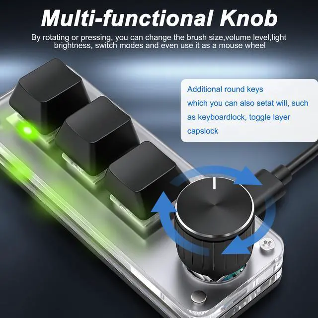Alt view image 5 of 7 - Mini 3 Key Keypad Mechanical Keyboard One Handed Hot Key with 1 Knob DIY Programmable Macro Customized Program with RGB led for Office Gaming Media Supplies -1 PCS