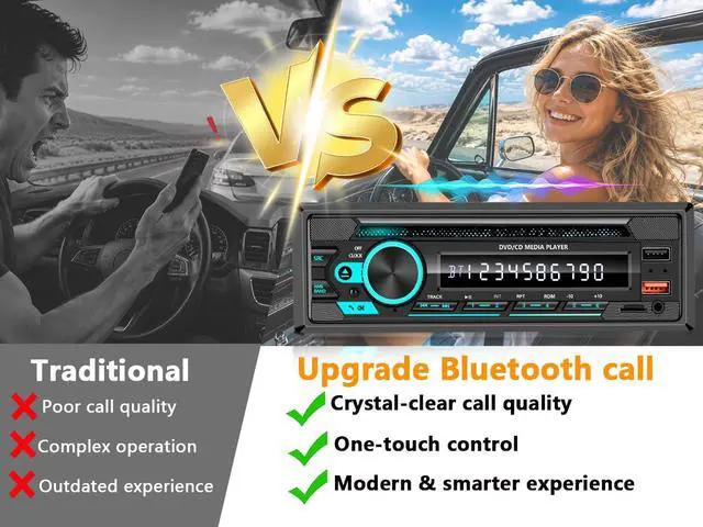 Alt view image 3 of 7 - Single DIN CD/DVD Car Stereo with Bluetooth Hands-Free Calling, Push-to-Talk Assistant, FM Car Radio, USB AUX SD Playback, App Control, 7-Color Backlit Display, iOS & Android Compatible