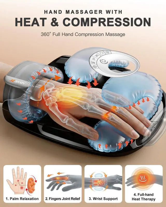 Alt view image 2 of 7 - Hand Massager with Heat and Compression : Full Hand & Wrist Massage, Cordless Electric Hand Massager with 6 Modes & 6 Intensities for Seniors, Office Daily Comfort & Relaxation (Black)
