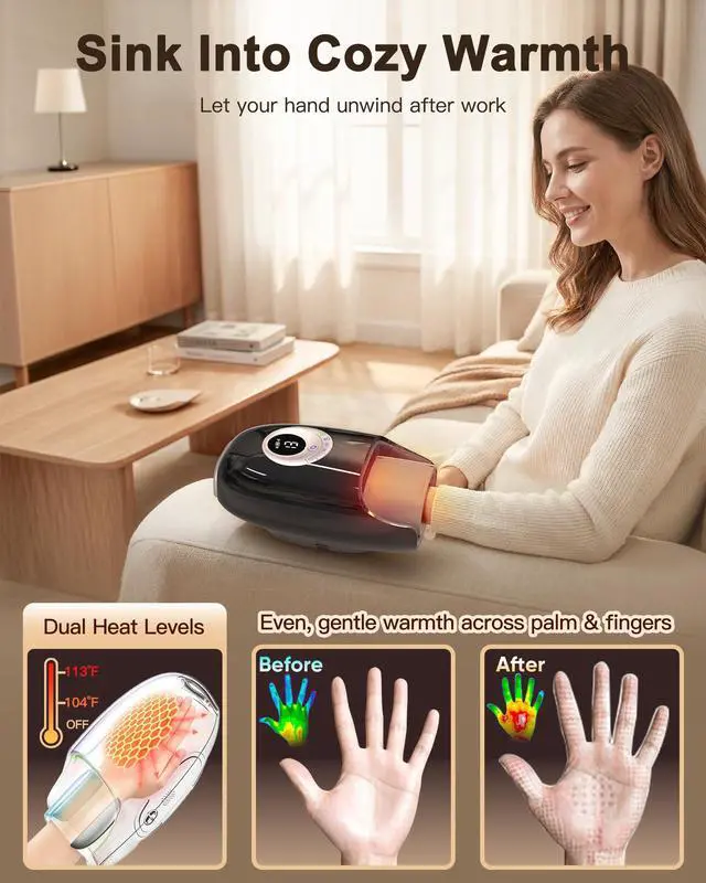 Alt view image 5 of 7 - Hand Massager with Heat and Compression : Full Hand & Wrist Massage, Cordless Electric Hand Massager with 6 Modes & 6 Intensities for Seniors, Office Daily Comfort & Relaxation (Black)