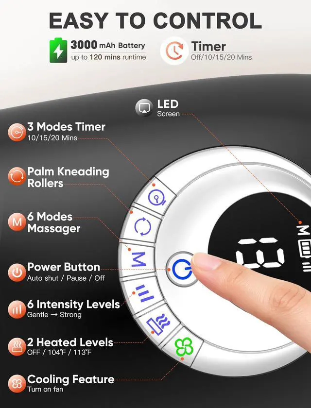 Alt view image 7 of 7 - Hand Massager with Heat and Compression : Full Hand & Wrist Massage, Cordless Electric Hand Massager with 6 Modes & 6 Intensities for Seniors, Office Daily Comfort & Relaxation (Black)